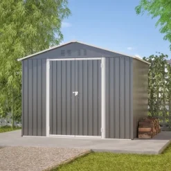 Skure, Garager & Carports^Haveskur i metal 8×6 fod med foldedør, antracitgrå – til opbevaring af haveredskaber og værktøj