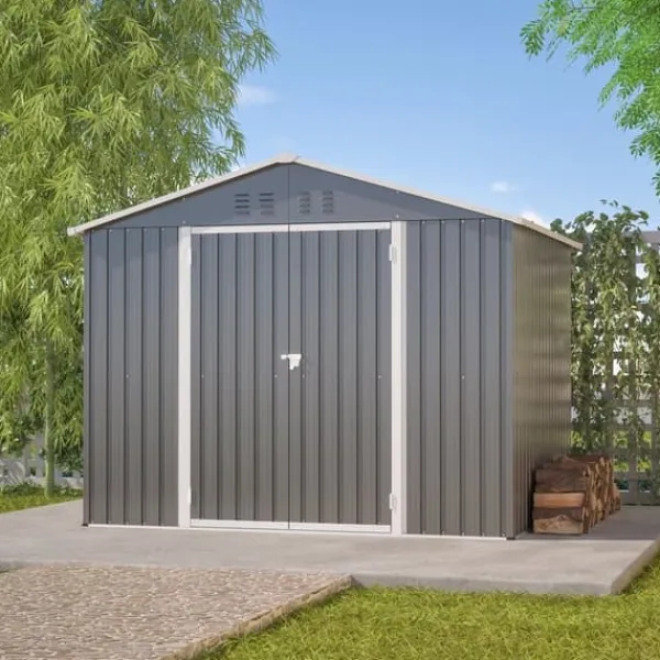 Skure, Garager & Carports^Haveskur i metal 8×6 fod med foldedør, antracitgrå – til opbevaring af haveredskaber og værktøj