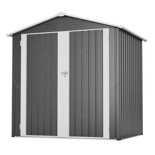 Clearance Haveskur i metal 142 x 185 cm, grå – aflåselig dør, ventilationshul, inkl. metalbund, vejrbestandig til haveredskaber Skure, Garager & Carports