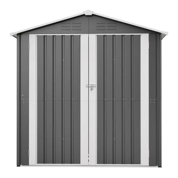 Clearance Haveskur i metal 142 x 185 cm, grå – aflåselig dør, ventilationshul, inkl. metalbund, vejrbestandig til haveredskaber Skure, Garager & Carports