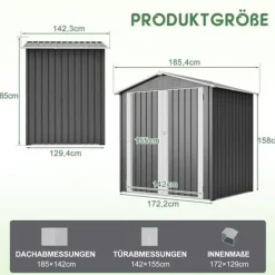 Clearance Haveskur i metal 142 x 185 cm, grå – aflåselig dør, ventilationshul, inkl. metalbund, vejrbestandig til haveredskaber Skure, Garager & Carports