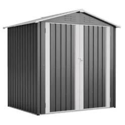 Clearance Haveskur i metal 142 x 185 cm, grå – aflåselig dør, ventilationshul, inkl. metalbund, vejrbestandig til haveredskaber Skure, Garager & Carports