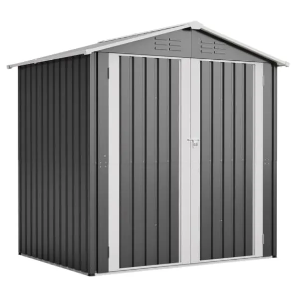 Clearance Haveskur i metal 142 x 185 cm, grå – aflåselig dør, ventilationshul, inkl. metalbund, vejrbestandig til haveredskaber Skure, Garager & Carports