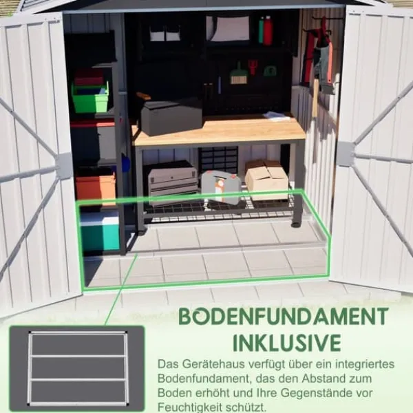 Clearance Haveskur i metal 142 x 185 cm, grå – aflåselig dør, ventilationshul, inkl. metalbund, vejrbestandig til haveredskaber Skure, Garager & Carports