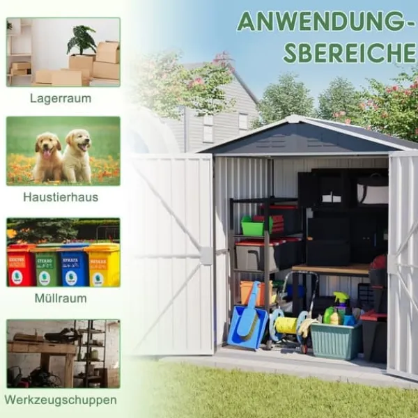 Clearance Haveskur i metal 142 x 185 cm, grå – aflåselig dør, ventilationshul, inkl. metalbund, vejrbestandig til haveredskaber Skure, Garager & Carports