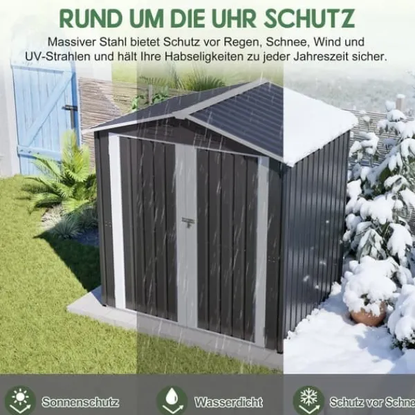 Clearance Haveskur i metal 142 x 185 cm, grå – aflåselig dør, ventilationshul, inkl. metalbund, vejrbestandig til haveredskaber Skure, Garager & Carports