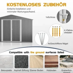 Sale Haveskur i metal 300 x 252 x 191 cm, grå – gaveltag, robust opbevaring til haveredskaber og redskaber Skure, Garager & Carports