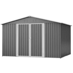 Sale Haveskur i metal 300 x 252 x 191 cm, grå – gaveltag, robust opbevaring til haveredskaber og redskaber Skure, Garager & Carports