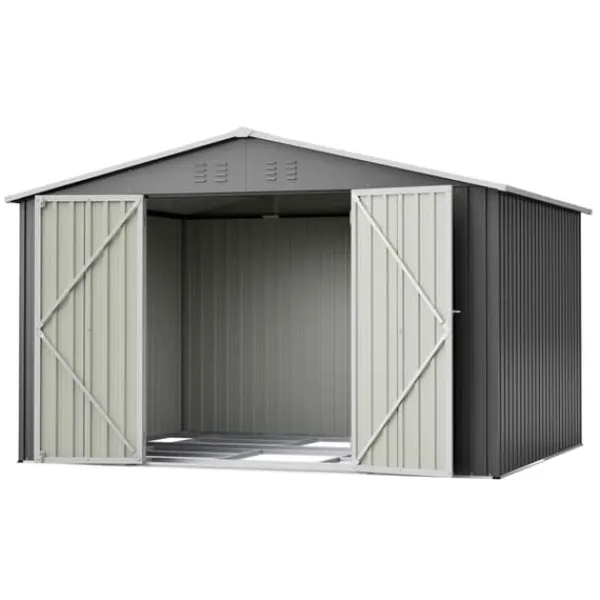 Sale Haveskur i metal 300 x 252 x 191 cm, grå – gaveltag, robust opbevaring til haveredskaber og redskaber Skure, Garager & Carports