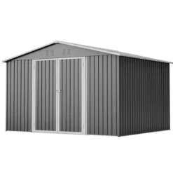 Sale Haveskur i metal 300 x 252 x 191 cm, grå – gaveltag, robust opbevaring til haveredskaber og redskaber Skure, Garager & Carports
