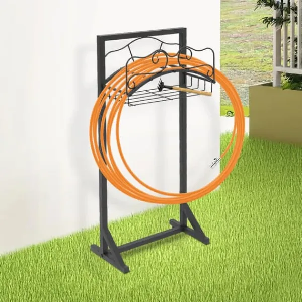 Plantestativer^Haveslangeholder - Fritstående slangestativ - Jern - Med jordspyd - Bæreevne 22,68 kg - Mål 38×18×86 cm - Samlet højde 106 cm - Sort