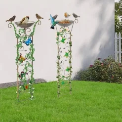 Til Fugle & Småvildt^Havespalier/klatrestativ med fuglebad - Sommerfuglemønster - Metal, vandtæt - Højde 100 cm - Jordspyd 17 cm - Fuglebad dybde 5 cm - Hvid
