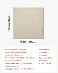 Havesten & Trædesten^Havetrædesten - Trinsten - Sæt med 4 - 39,5 x 39,5 cm - Vejrbestandig plast - Med jordspyd - Til gangsti i have/terrasse - Beige