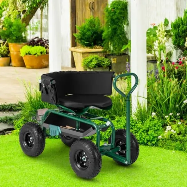 Støtte Med Hjul, Sæder & Knæbeskyttelse Til Havepleje^Havetrillebør Scooter, 35,5x24x23,5-27cm, Rød, Sort