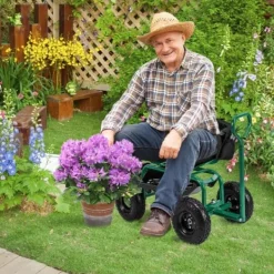 Støtte Med Hjul, Sæder & Knæbeskyttelse Til Havepleje^Havetrillebør Scooter, 35,5x24x23,5-27cm, Rød, Sort