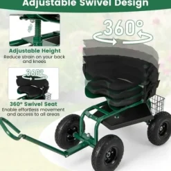 Støtte Med Hjul, Sæder & Knæbeskyttelse Til Havepleje^Havetrillebør Scooter, 35,5x24x23,5-27cm, Rød, Sort