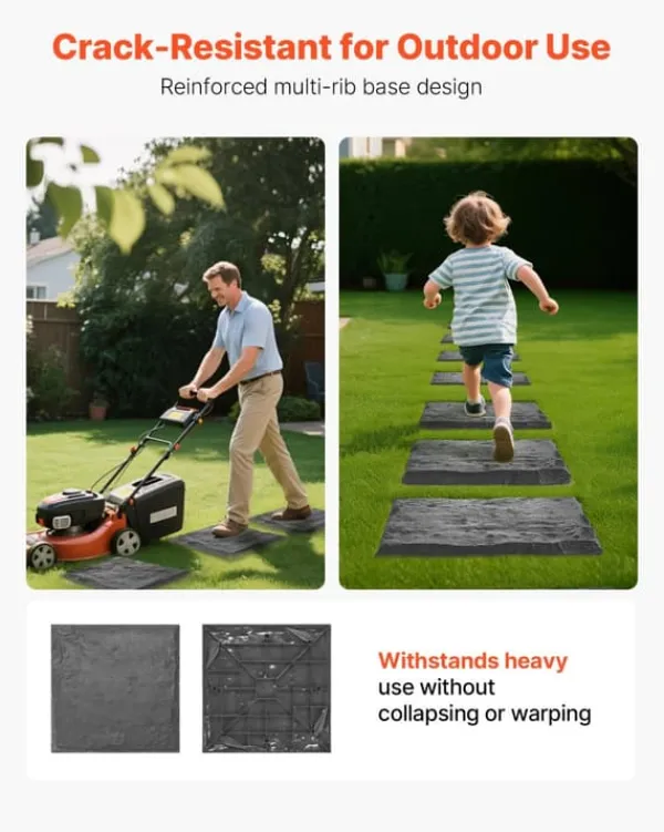 Sale Havetrinsten / Trædesten - Sæt 16 stk. - Mål 39,5 x 39,5 cm - Vejrbestandig plast - Med jordspyd til fastgørelse - Til græsplæne og terrasse - Grå Havesten & Trædesten