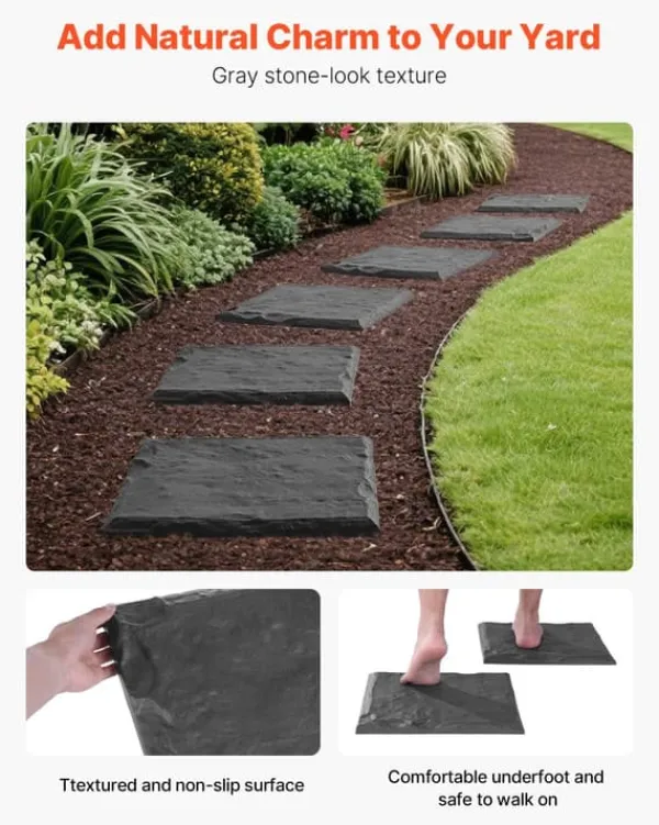 Sale Havetrinsten / Trædesten - Sæt 16 stk. - Mål 39,5 x 39,5 cm - Vejrbestandig plast - Med jordspyd til fastgørelse - Til græsplæne og terrasse - Grå Havesten & Trædesten