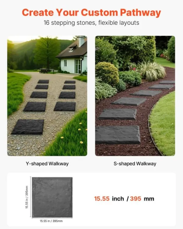 Sale Havetrinsten / Trædesten - Sæt 16 stk. - Mål 39,5 x 39,5 cm - Vejrbestandig plast - Med jordspyd til fastgørelse - Til græsplæne og terrasse - Grå Havesten & Trædesten