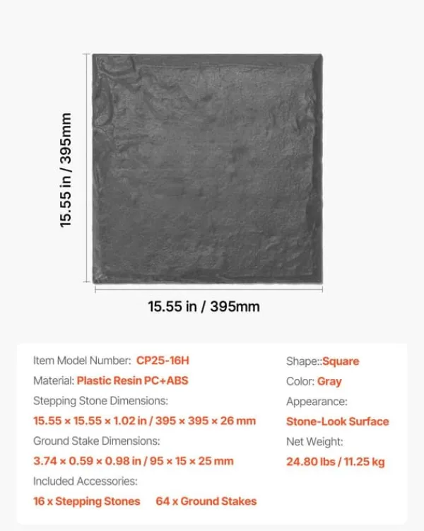 Sale Havetrinsten / Trædesten - Sæt 16 stk. - Mål 39,5 x 39,5 cm - Vejrbestandig plast - Med jordspyd til fastgørelse - Til græsplæne og terrasse - Grå Havesten & Trædesten