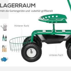New Havevogn/værkstedsvogn med roterende sæde & kurv, højdejusterbar, 150 kg, grøn, 81×44,5×46–59 cm Støtte Med Hjul, Sæder & Knæbeskyttelse Til Havepleje