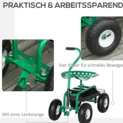 New Havevogn/værkstedsvogn med roterende sæde & kurv, højdejusterbar, 150 kg, grøn, 81×44,5×46–59 cm Støtte Med Hjul, Sæder & Knæbeskyttelse Til Havepleje
