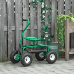 Discount Havevogn/værkstedsvogn med roterende sæde & kurv, højdejusterbar, 150 kg, grøn, 81×44,5×46–59 cm Støtte Med Hjul, Sæder & Knæbeskyttelse Til Havepleje