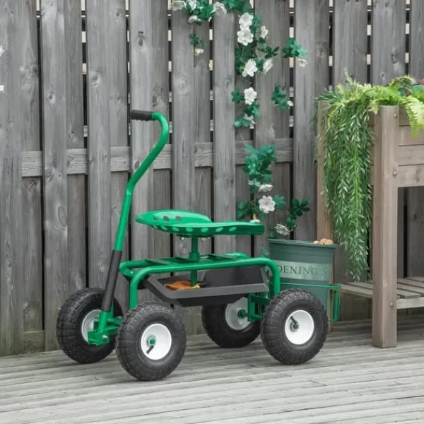 Discount Havevogn/værkstedsvogn med roterende sæde & kurv, højdejusterbar, 150 kg, grøn, 81×44,5×46–59 cm Støtte Med Hjul, Sæder & Knæbeskyttelse Til Havepleje
