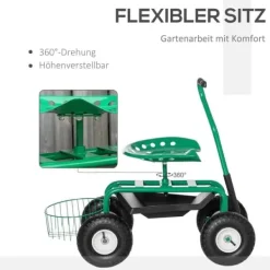 Discount Havevogn/værkstedsvogn med roterende sæde & kurv, højdejusterbar, 150 kg, grøn, 81×44,5×46–59 cm Støtte Med Hjul, Sæder & Knæbeskyttelse Til Havepleje