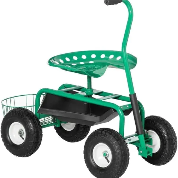 Støtte Med Hjul, Sæder & Knæbeskyttelse Til Havepleje^Havevogn/værkstedsvogn med roterende sæde & kurv, højdejusterbar, 150 kg, grøn, 81×44,5×46–59 cm