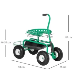 Støtte Med Hjul, Sæder & Knæbeskyttelse Til Havepleje^Havevogn/værkstedsvogn med roterende sæde & kurv, højdejusterbar, 150 kg, grøn, 81×44,5×46–59 cm