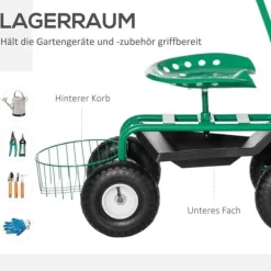 Støtte Med Hjul, Sæder & Knæbeskyttelse Til Havepleje^Havevogn/værkstedsvogn med roterende sæde & kurv, højdejusterbar, 150 kg, grøn, 81×44,5×46–59 cm