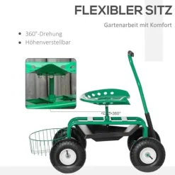 Støtte Med Hjul, Sæder & Knæbeskyttelse Til Havepleje^Havevogn/værkstedsvogn med roterende sæde & kurv, højdejusterbar, 150 kg, grøn, 81×44,5×46–59 cm