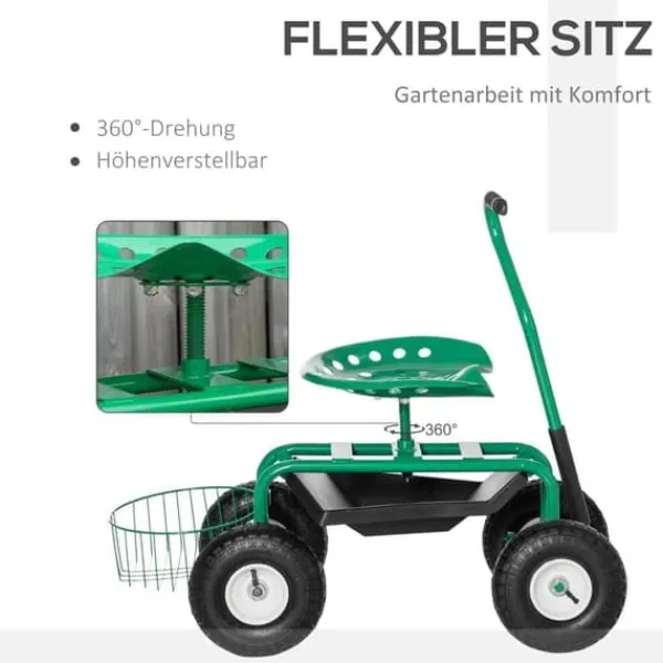 Støtte Med Hjul, Sæder & Knæbeskyttelse Til Havepleje^Havevogn/værkstedsvogn med roterende sæde & kurv, højdejusterbar, 150 kg, grøn, 81×44,5×46–59 cm