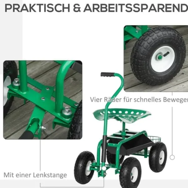 Støtte Med Hjul, Sæder & Knæbeskyttelse Til Havepleje^Havevogn/værkstedsvogn med roterende sæde & kurv, højdejusterbar, 150 kg, grøn, 81×44,5×46–59 cm