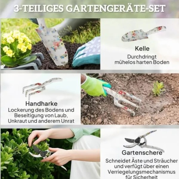 Haveværktøjssæt, 3 dele: plantespade, håndrive, beskæresaks, metal, flerfarvet Haveværktøj