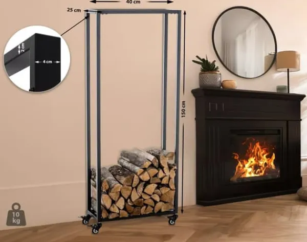 Discount Hetta Black Metal Firewood Rack with Wheels - 25x40x150 cm Tilbehør Til Brændeovne & Pejse