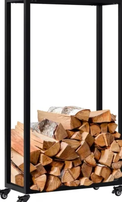 New Hilta Metal Firewood Rack - Black, 25x60x100 cm, on Wheels with Lock Tilbehør Til Brændeovne & Pejse