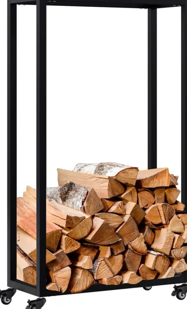 New Hilta Metal Firewood Rack - Black, 25x60x100 cm, on Wheels with Lock Tilbehør Til Brændeovne & Pejse