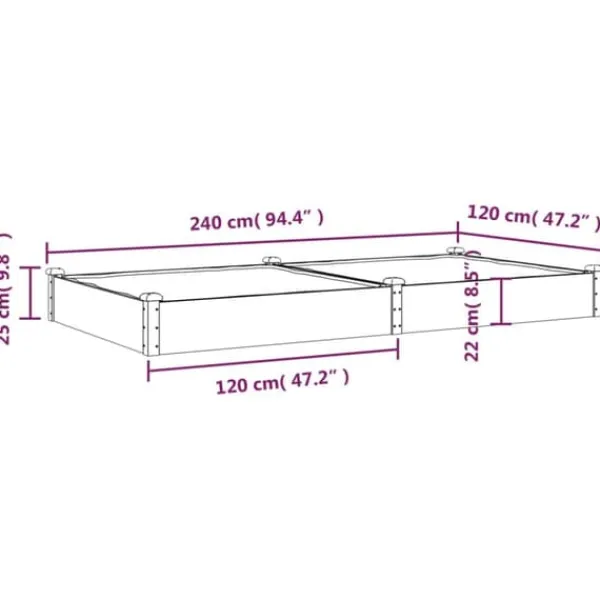 New Højbed i massivt fyrretræ med foring - Plantekasse | Størrelse: 240x120x25 cm | Farve: Brun Plantningsbænke