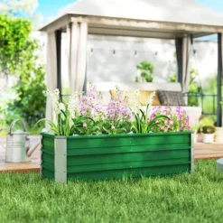 Krukker & Plantebeholdere^Højbed i stål 125x47x40 cm, grøn – plantekasse med handsker til grøntsager & blomster