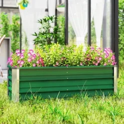 Krukker & Plantebeholdere^Højbed i stål 125x47x40 cm, grøn – plantekasse med handsker til grøntsager & blomster