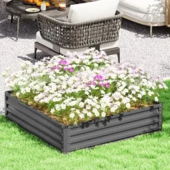 Plantningsbænke^Højbed i stål 120x120x30 cm, lysegrå – have/terrasse/altan