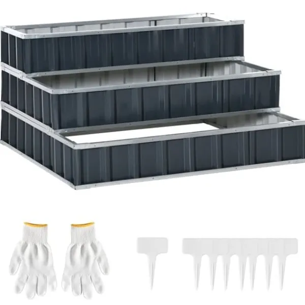Outlet Højbed i stål 118x118x62 cm, 3-trins, med T-skilte & handsker, mørkegrå Plantningsbænke