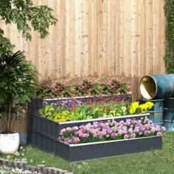 Outlet Højbed i stål 118x118x62 cm, 3-trins, med T-skilte & handsker, mørkegrå Plantningsbænke