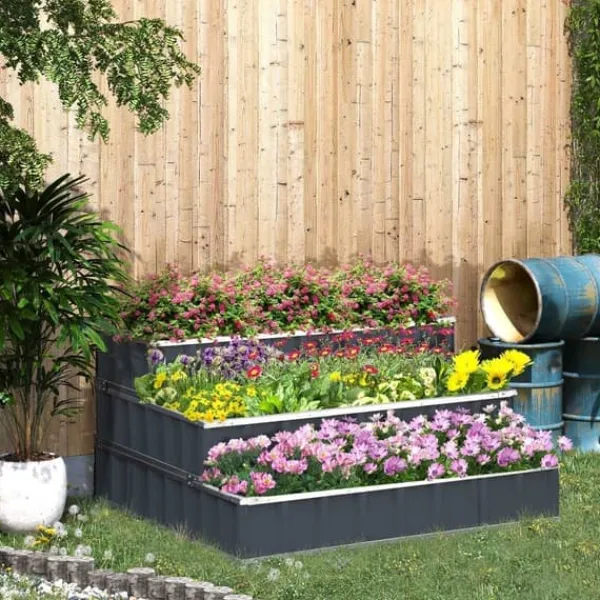 Outlet Højbed i stål 118x118x62 cm, 3-trins, med T-skilte & handsker, mørkegrå Plantningsbænke