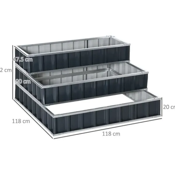 Outlet Højbed i stål 118x118x62 cm, 3-trins, med T-skilte & handsker, mørkegrå Plantningsbænke