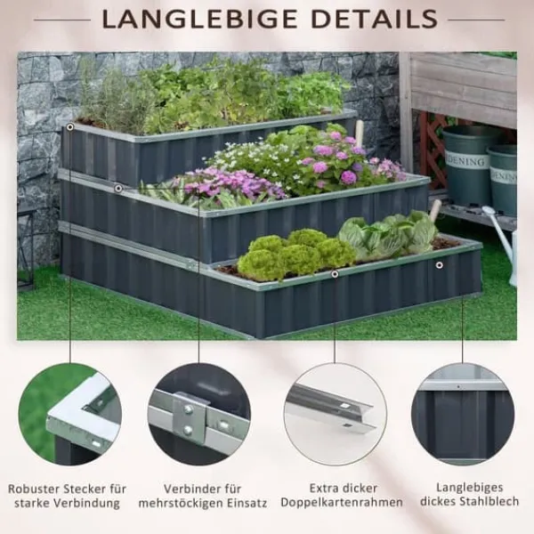 Outlet Højbed i stål 118x118x62 cm, 3-trins, med T-skilte & handsker, mørkegrå Plantningsbænke
