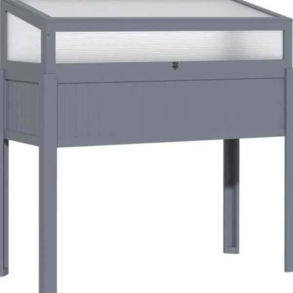 Drivhus^Højbed i træ med drivhus 120x54x112/122 cm, polykarbonat, grå – til tomater & grøntsager