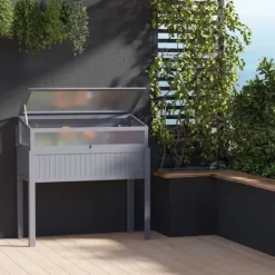 Drivhus^Højbed i træ med drivhus 120x54x112/122 cm, polykarbonat, grå – til tomater & grøntsager